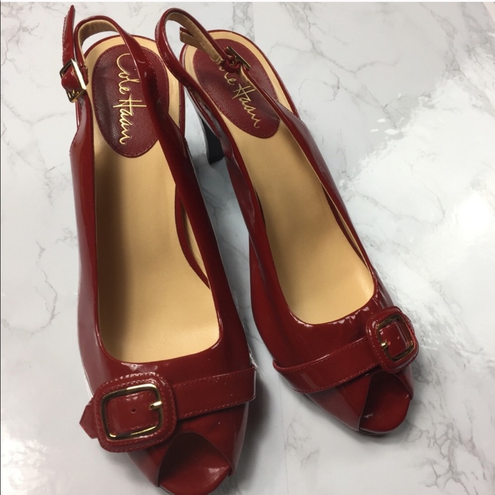 Cole Haan Red Patent Peep-Toe Sling-Back Heels